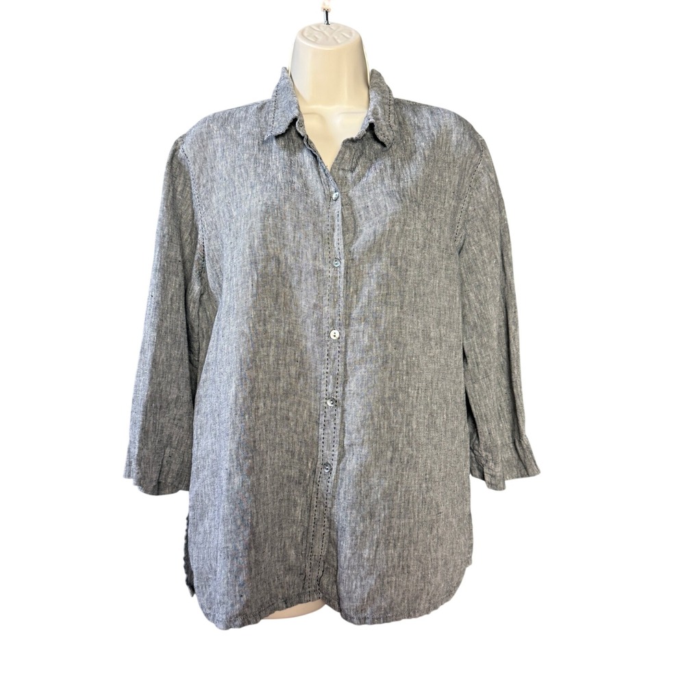 Chicos Design Vintage 90s Grey 100% Linen Button Down Shirt Tunic Womens Sz 2/L